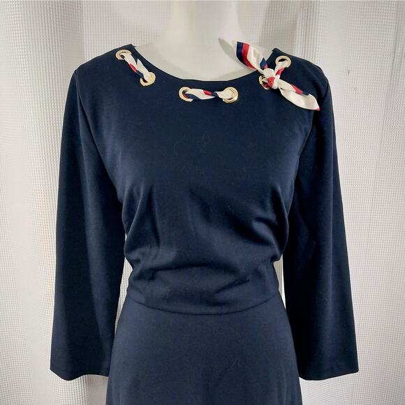NWOT! TALBOTS! NAVY BLUE STRETCH KNIT ELEGANT SHEATH DRESS W/SCARF DETAIL! SZ 16 - Picture 3 of 10